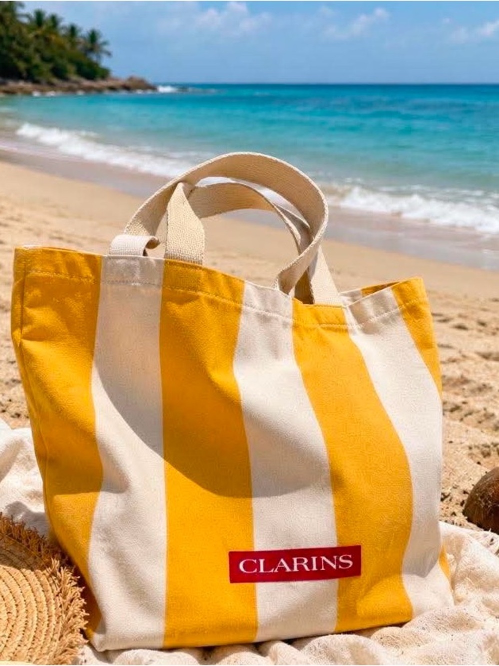 Clarins Yellow & White Striped Canvas Tote